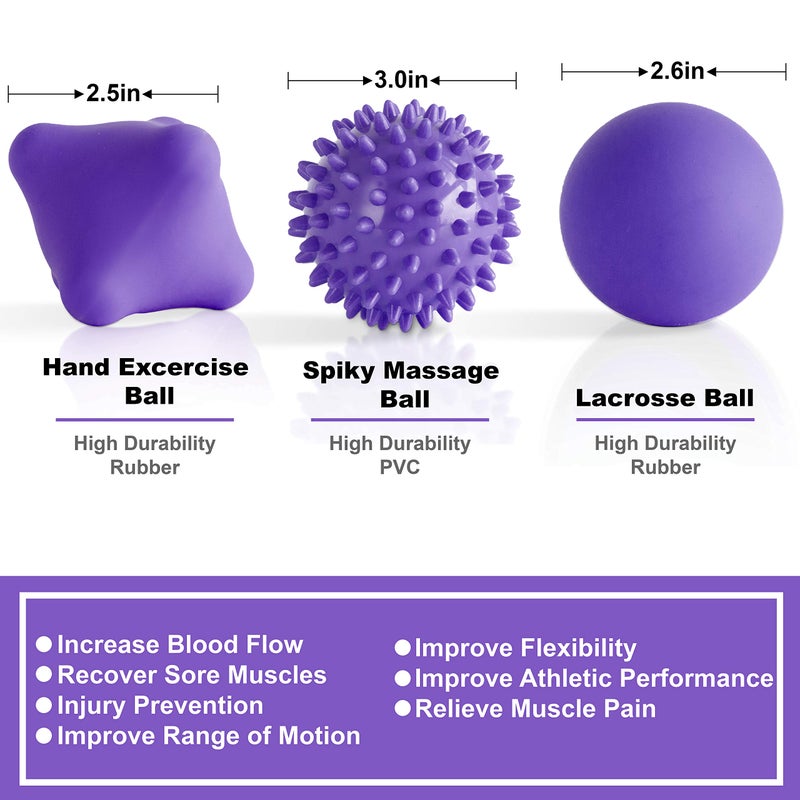 Posture Magic Massage Ball Kit for Myofascial Trigger Point Release & Deep Tissue Massage - Set of 6 - Large Foam/Small Foam/Lacrosse/Peanut/Spiky/Hand Exercise Ball (Purple) - Image 3